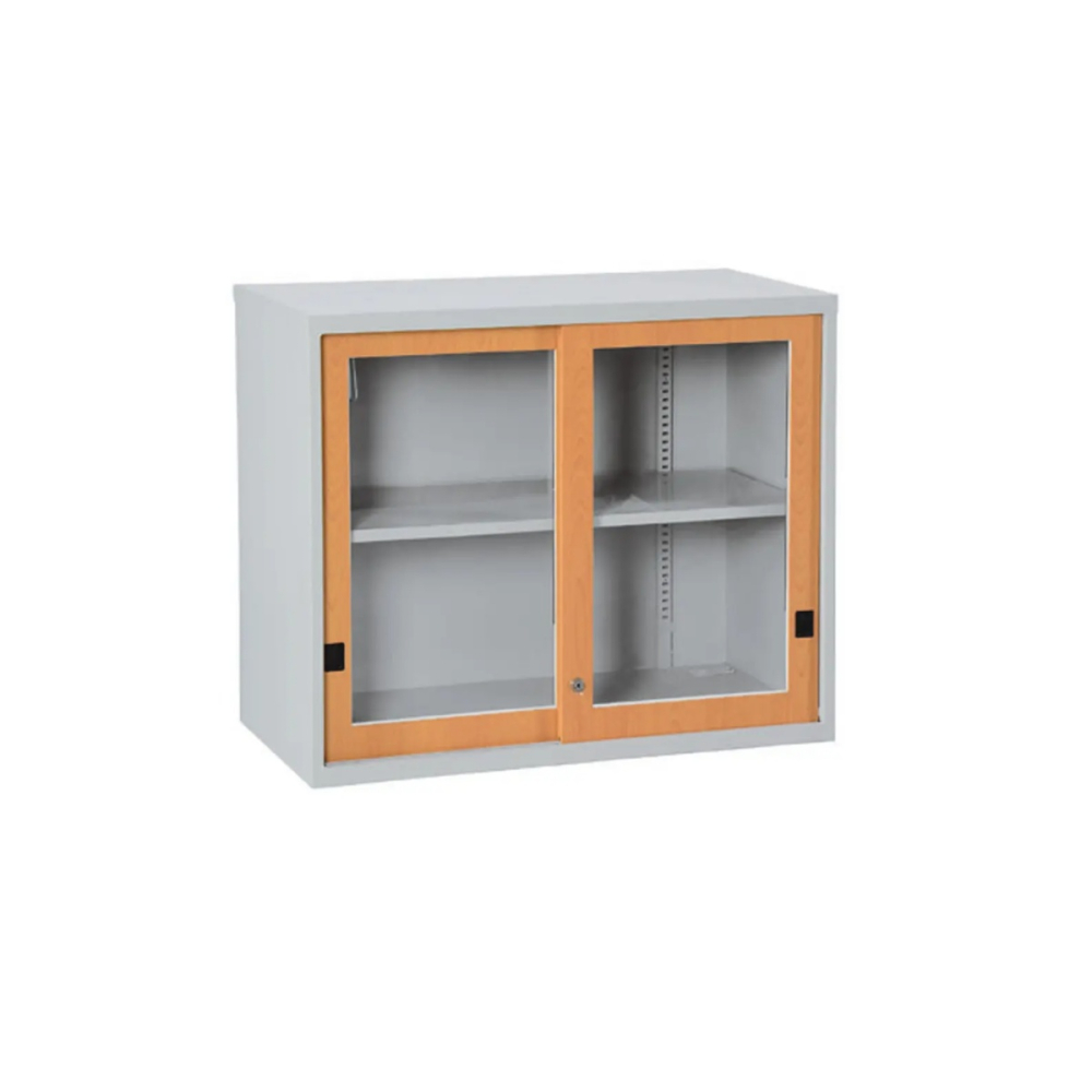 兩層玻璃加框拉門上置式鋼製公文櫃(熱烤轉印木紋)