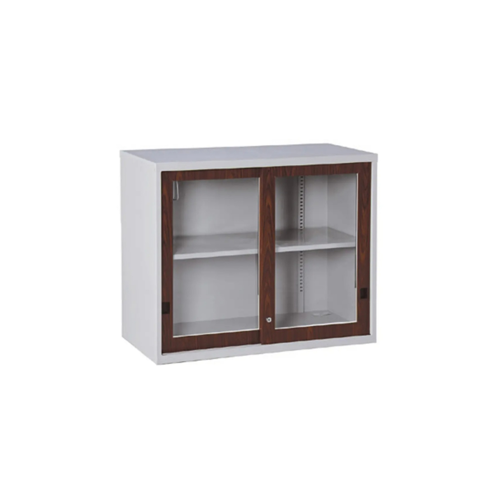 玻璃加框上置式鋼製公文櫃(熱烤轉印胡桃面)